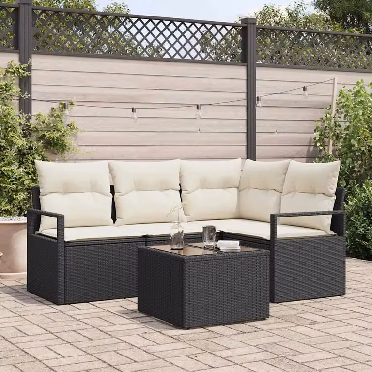 Set di divani da giardino vidaXL 5 pezzi in rattan nero con cuscini e tavolino da caffè