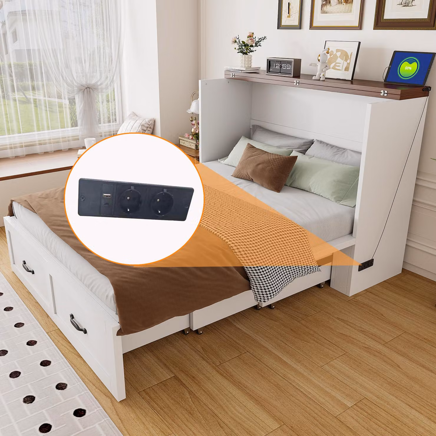 Letto a scomparsa Flieks, 140x200 cm, con presa di corrente, struttura letto estraibile, letto a ribalta con rotelle silenziose, colore bianco