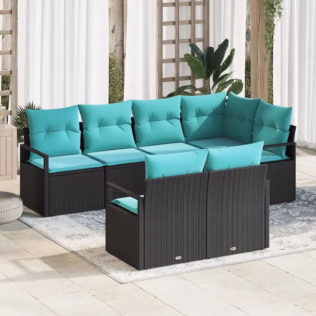Set di divani da giardino vidaXL a forma di L composto da 7 pezzi in rattan nero e turchese con cuscini inclusi e struttura in acciaio verniciato a polvere