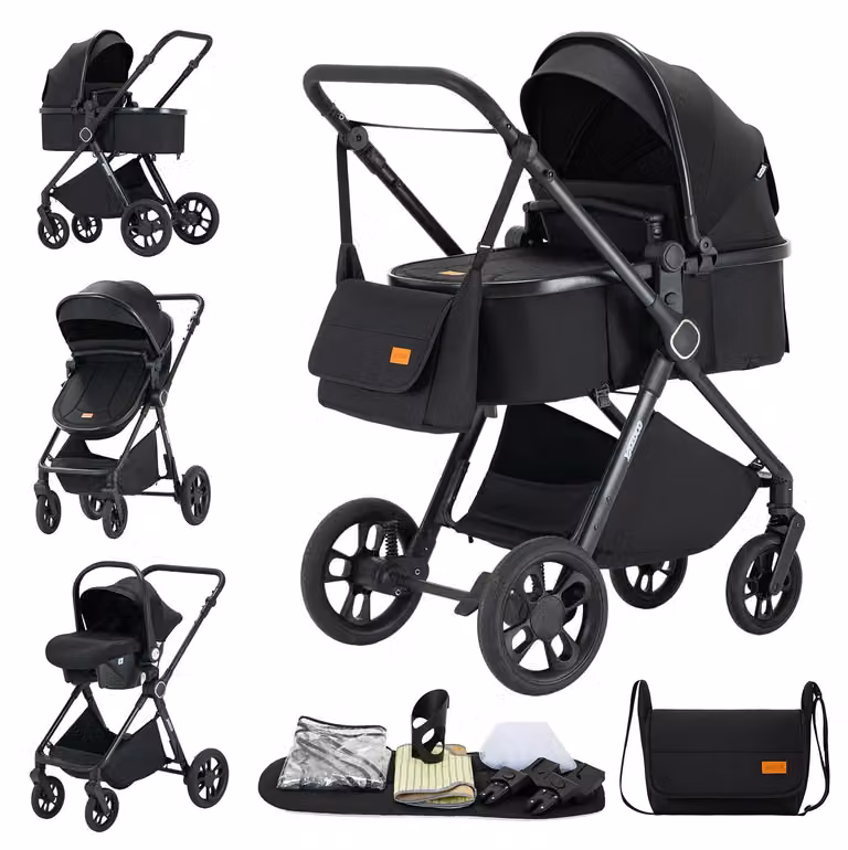 Carrozzina per bambini, set 3 in 1 regolabile, design leggero, colore nero (H2)