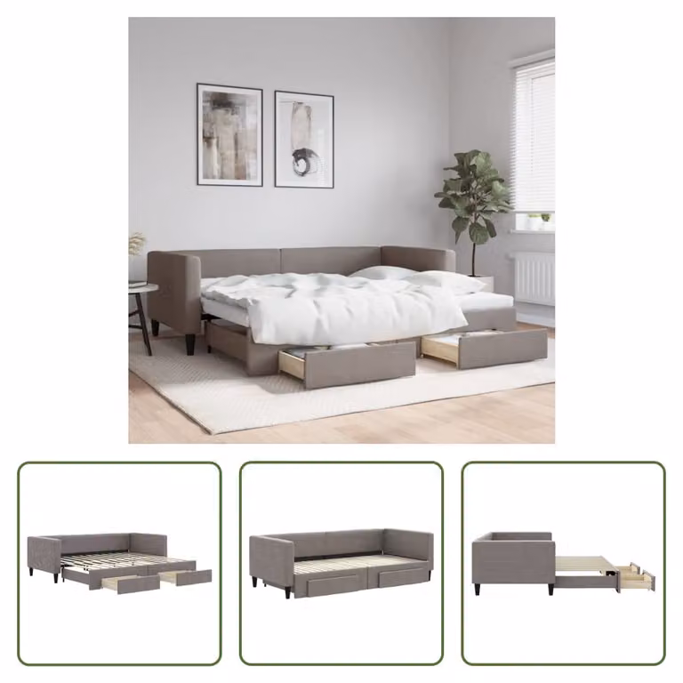 The Living Store Letto allungabile con cassetti Taupe 90x200 cm tessuto