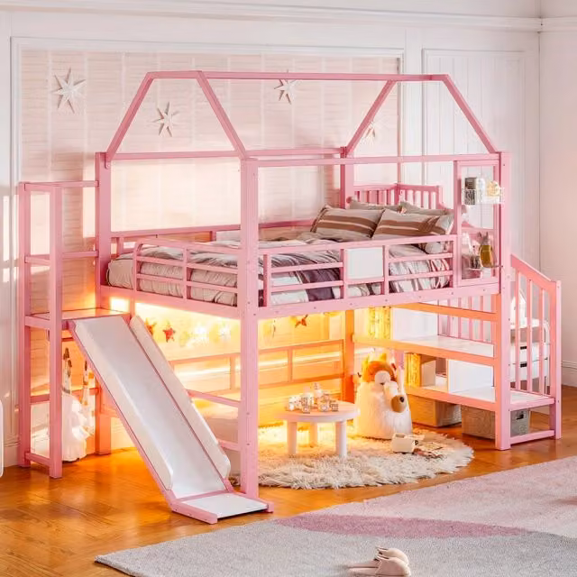 Letto a soppalco 140 x 200 cm, struttura in metallo, a forma di casetta, con scivolo, vano portaoggetti, illuminazione a LED, rosa