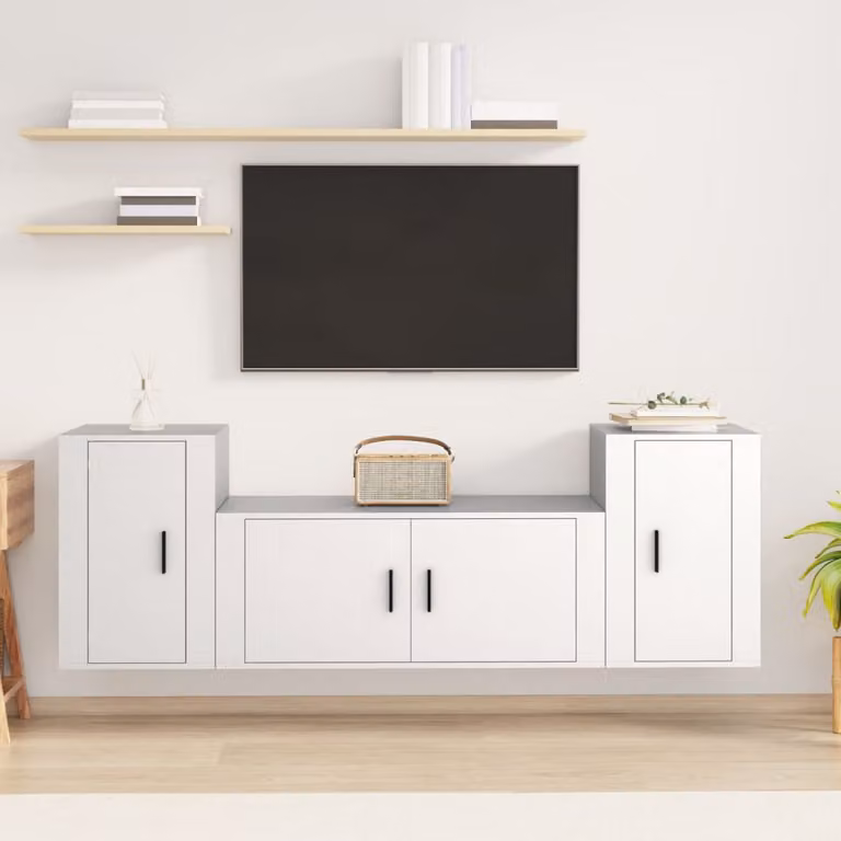 Set di mobili porta TV da 3 pezzi vidaXL in legno multistrato bianco per soggiorno con montaggio a parete