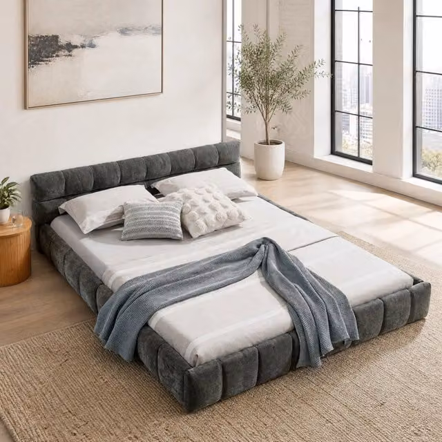 Letto matrimoniale 160x200 cm in ciniglia con trapuntatura quadrata; struttura in eucalipto e ferro; grigio scuro
