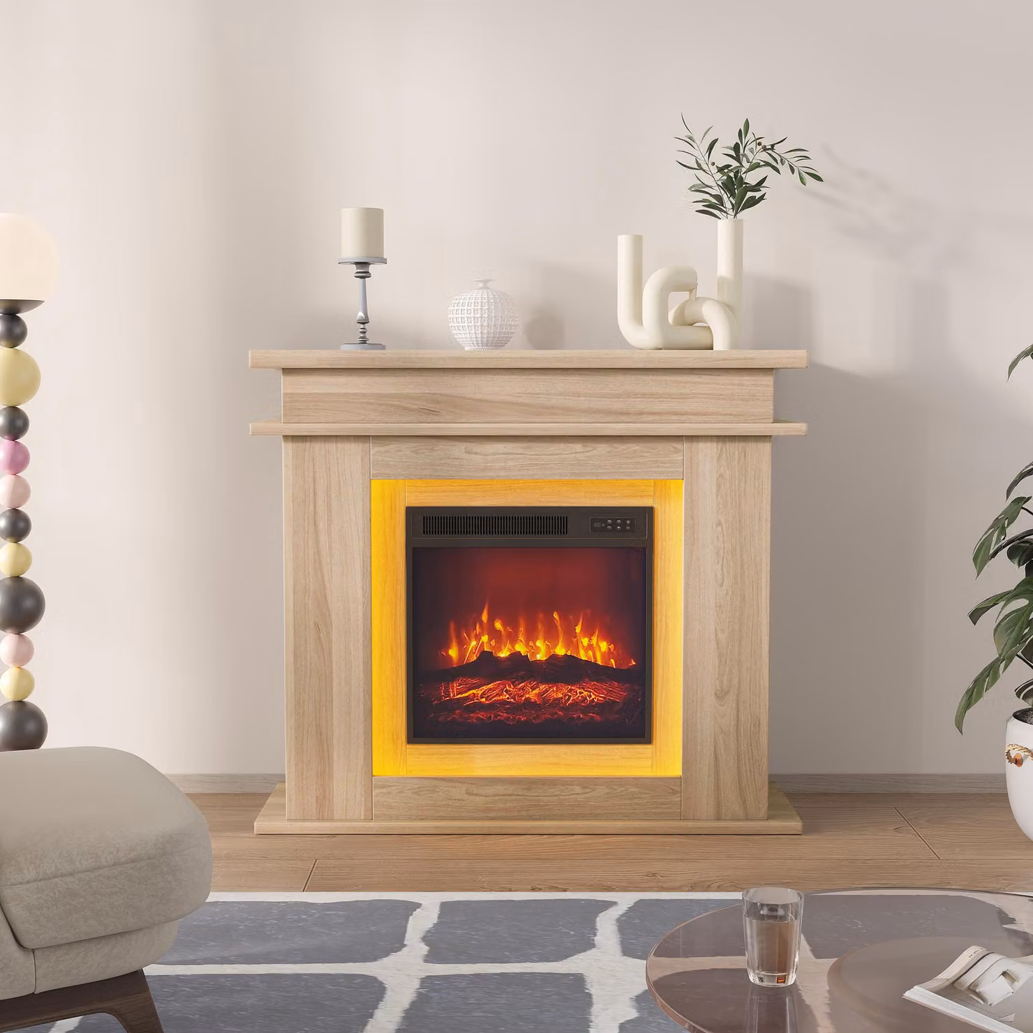 INONEFT, caminetto elettrico, 101x34,5x88,8 cm, effetto fiamma 3D realistico. Caminetto elettrico freestanding con fascia LED a 20 colori, finitura noce