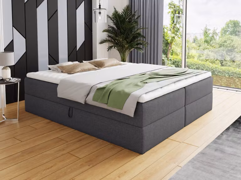 Letto boxspring Base con 2 cassetti - Letto matrimoniale con materasso Bonell e topper, letto imbottito, letto indipendente (grigio scuro (Inari 94), 160 x 200 cm)