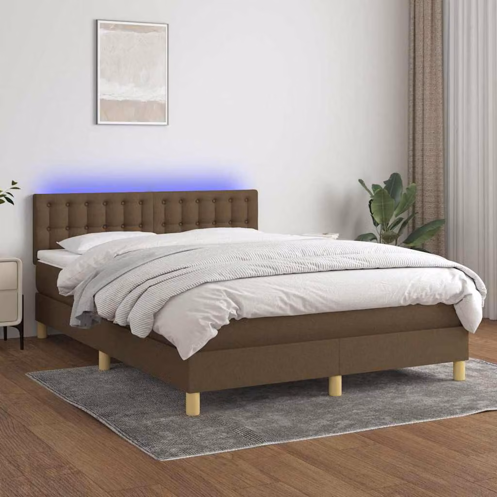 Letto con Materasso a Molle e Illuminazione LED vidaXL in Tessuto Marrone Scuro L: 140 cm, P: 190 cm – 1