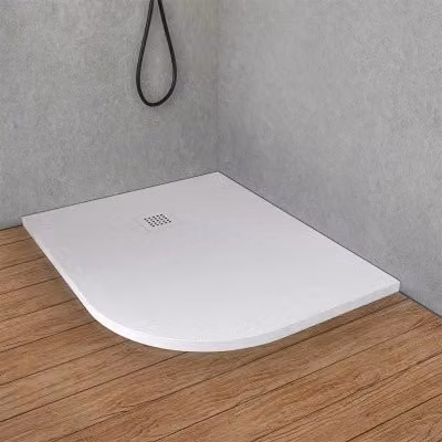 Piatto doccia semicircolare Loren in resina minerale bianco pietra, installazione a filo pavimento, L: 90 cm, P: 70 cm