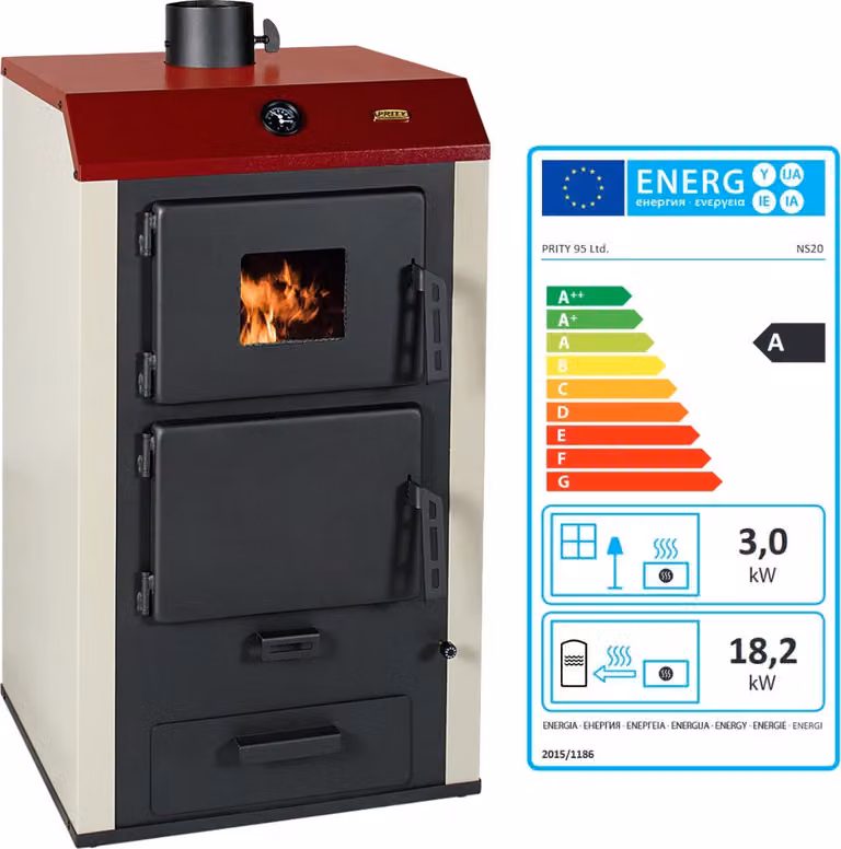Stufa a legna idraulica Prity NS20 – 18,2 + 3 kW, con scambiatore di calore ad acqua, per riscaldamento centrale – Classe A