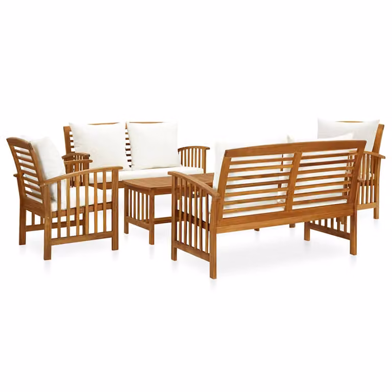 Set da giardino vidaXL in legno di acacia con cuscini bianchi e tavolino da esterno, composizione a L composta da 5 pezzi