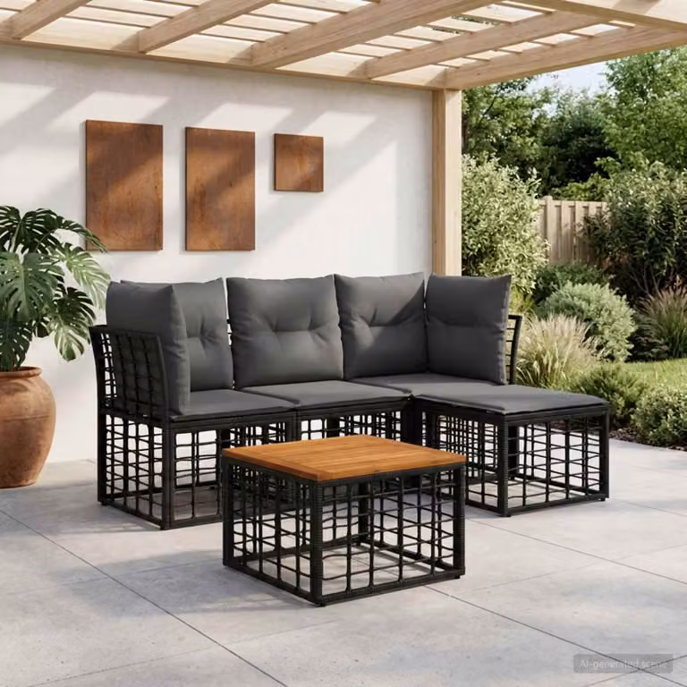 Set di divani da esterno vidaXL 5 pezzi a forma di L con tavolino, pouf e cuscini, colore nero e grigio, struttura in metallo e tessuto resistente alle intemperie