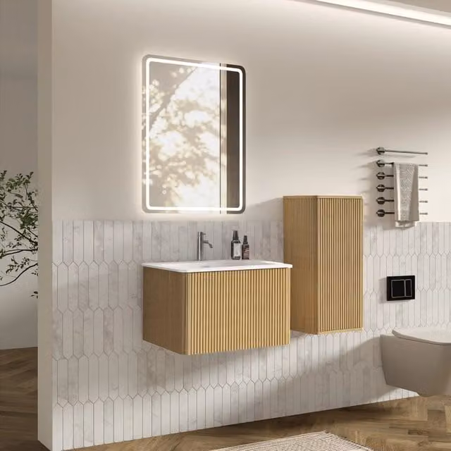 Set mobili bagno sospesi con lavabo, specchio LED e colonna laterale color rovere