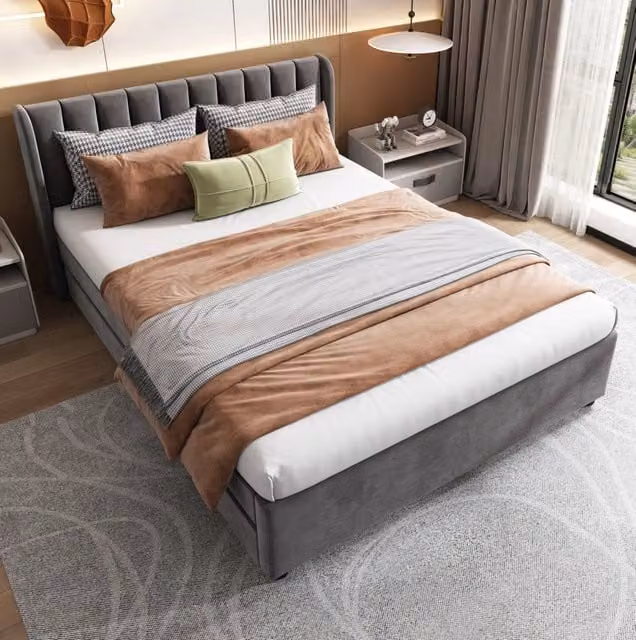Letto matrimoniale in velluto grigio 140x200 cm con 2 cassetti e rete a doghe