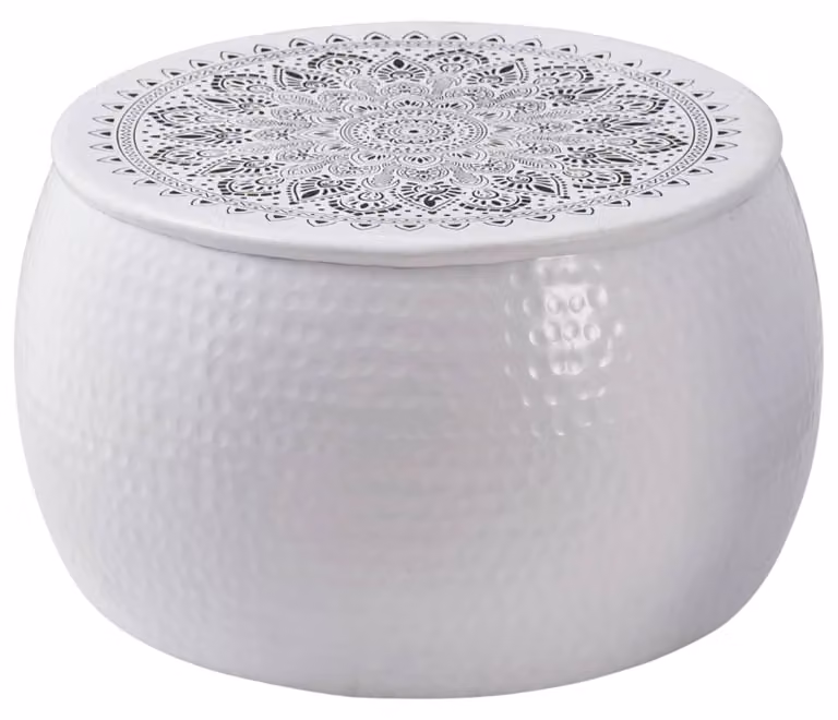 Tavolino da caffè rotondo, con superficie martellata, colore bianco, diametro 55 x 55 cm, in alluminio