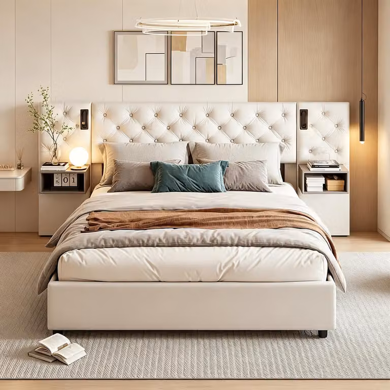 Letto imbottito INONEFT 160x200, letto per ragazzi con testiera contenitore dotata di porte USB e Type-C, letto con sistema di sollevamento idraulico e illuminazione LED, letto con rete a doghe e spazio contenitore, rivestito in velluto, colore beige.