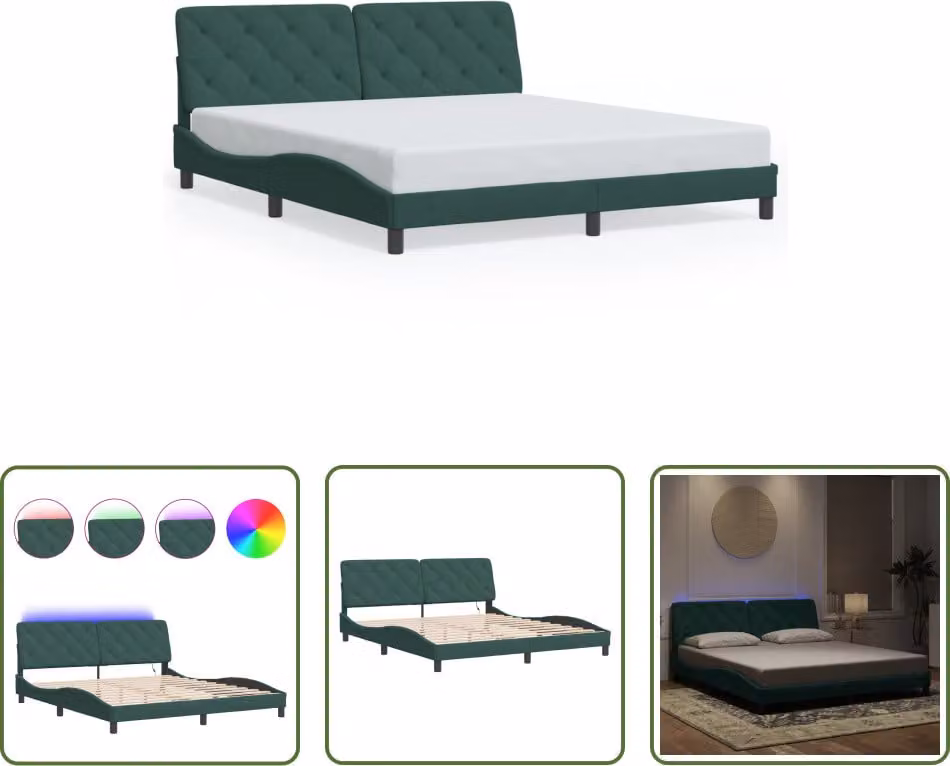 The Living Store Struttura letto con luci LED verde scuro 180x200 cm in velluto