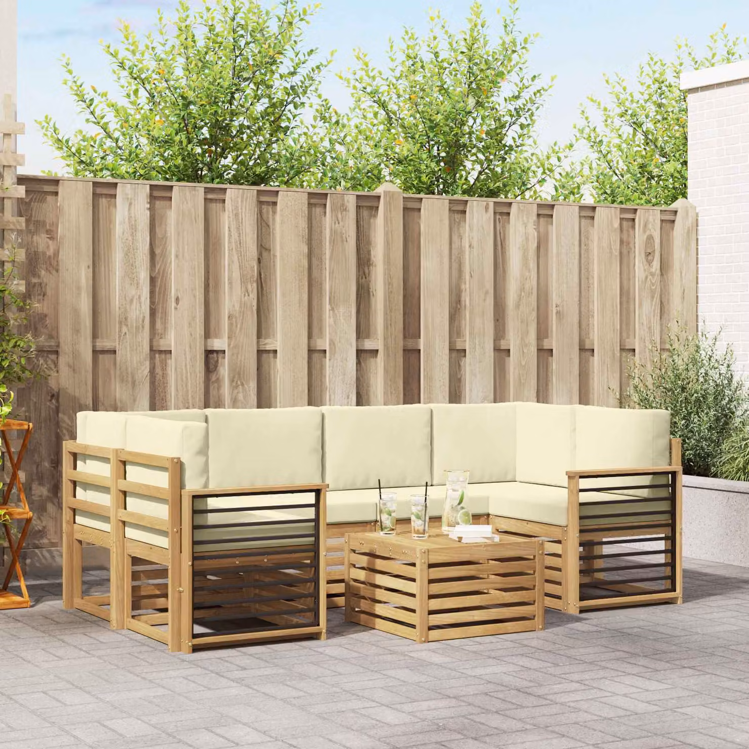 Set di divani da esterno vidaXL a forma di L in legno di acacia marrone e beige con cuscini inclusi