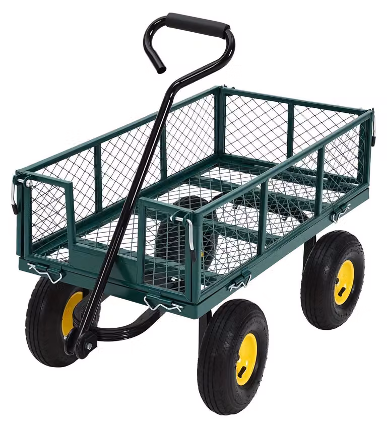 Carrello da giardino, robusto carrello di trasporto in acciaio con maniglia girevole a 180 gradi e grandi pneumatici