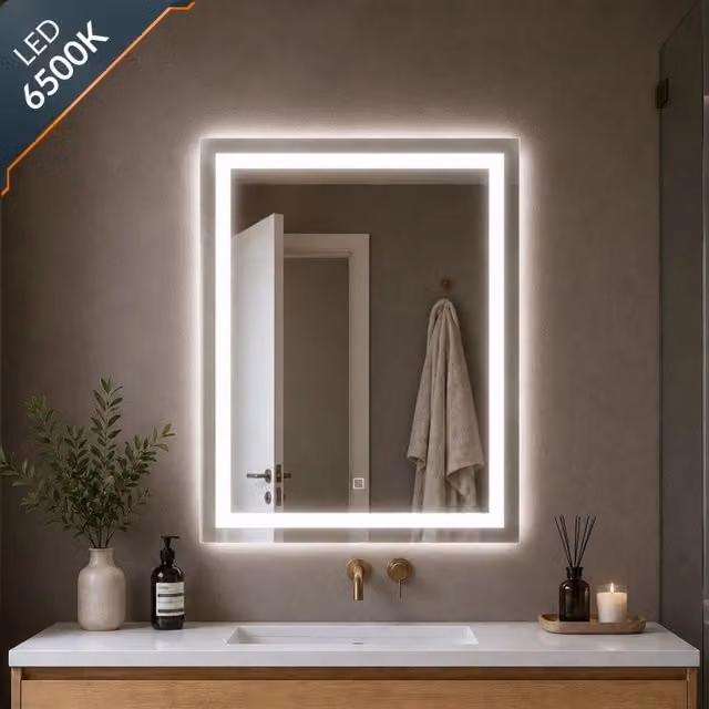Specchio da bagno e ambienti rettangolare OGOMONDO con cornice LED e interruttore touch, L: 70 cm, H: 90 cm, colore bianco