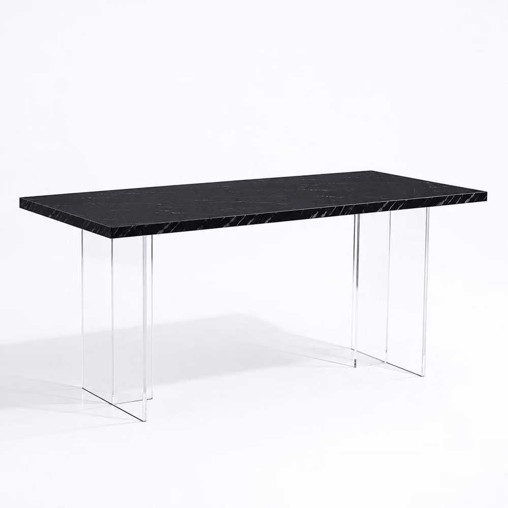 Tavolo rettangolare di 160x80 cm, con piano in melaminico e gambe in acrilico trasparente, design contemporaneo, ideale per la sala da pranzo o l'ufficio – Modello Elio/Marmor