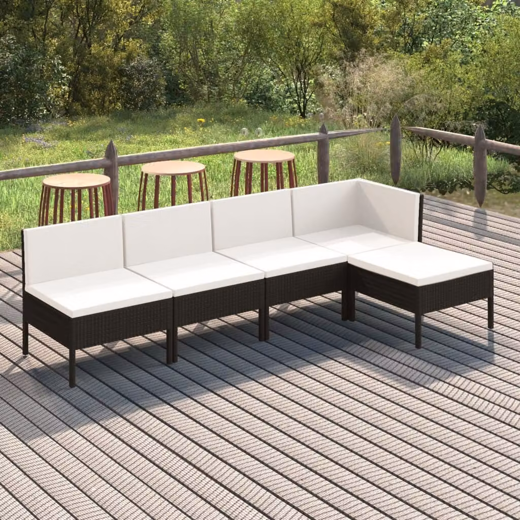 The Living Store Set da giardino 5 pezzi con cuscini in poly rattan nero