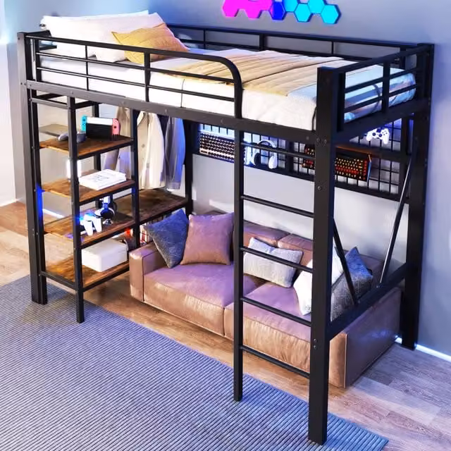 Letto a soppalco singolo 90 × 200 cm con LED regolabile, ripiano e rete appendiabiti, senza materasso, nero
