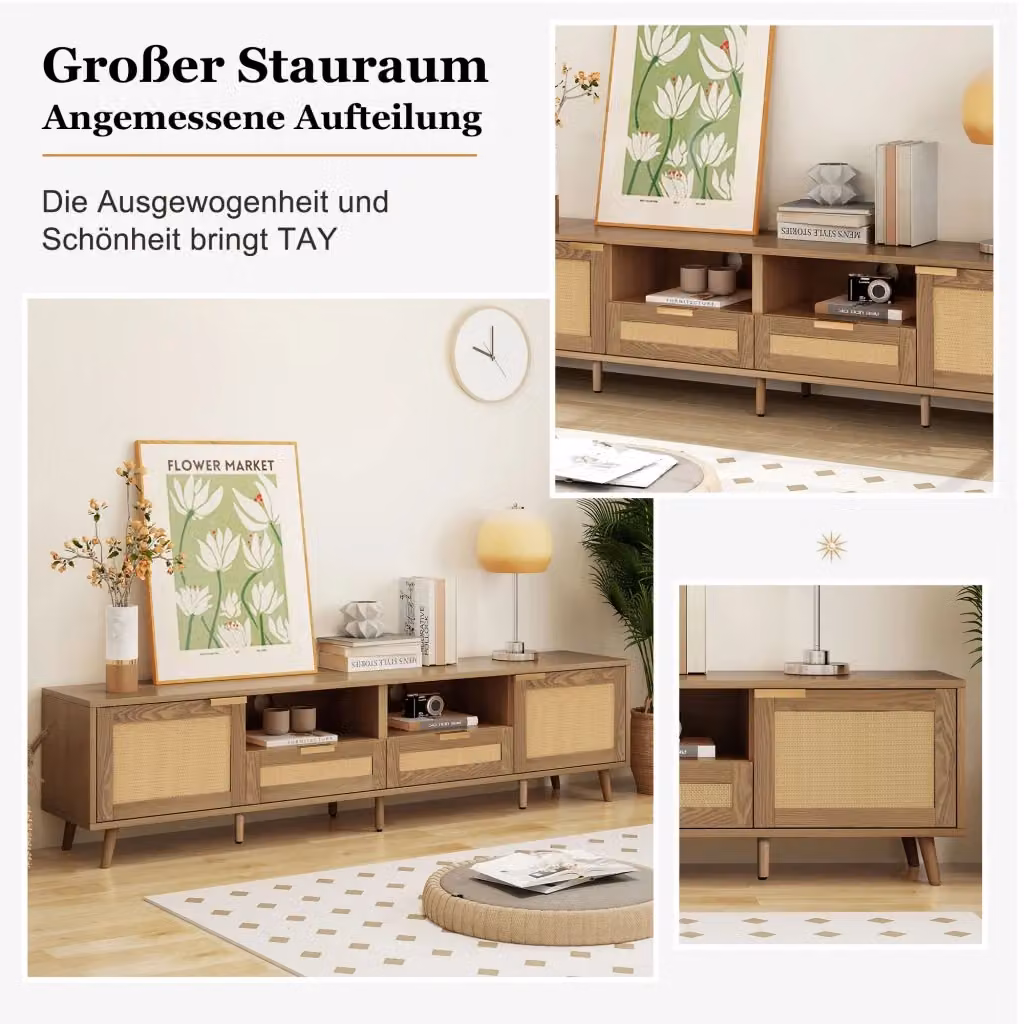 Mobile TV moderno REDOM in rovere con dettagli in rattan sintetico, L: 200 cm, P: 37 cm, H: 49 cm – 2