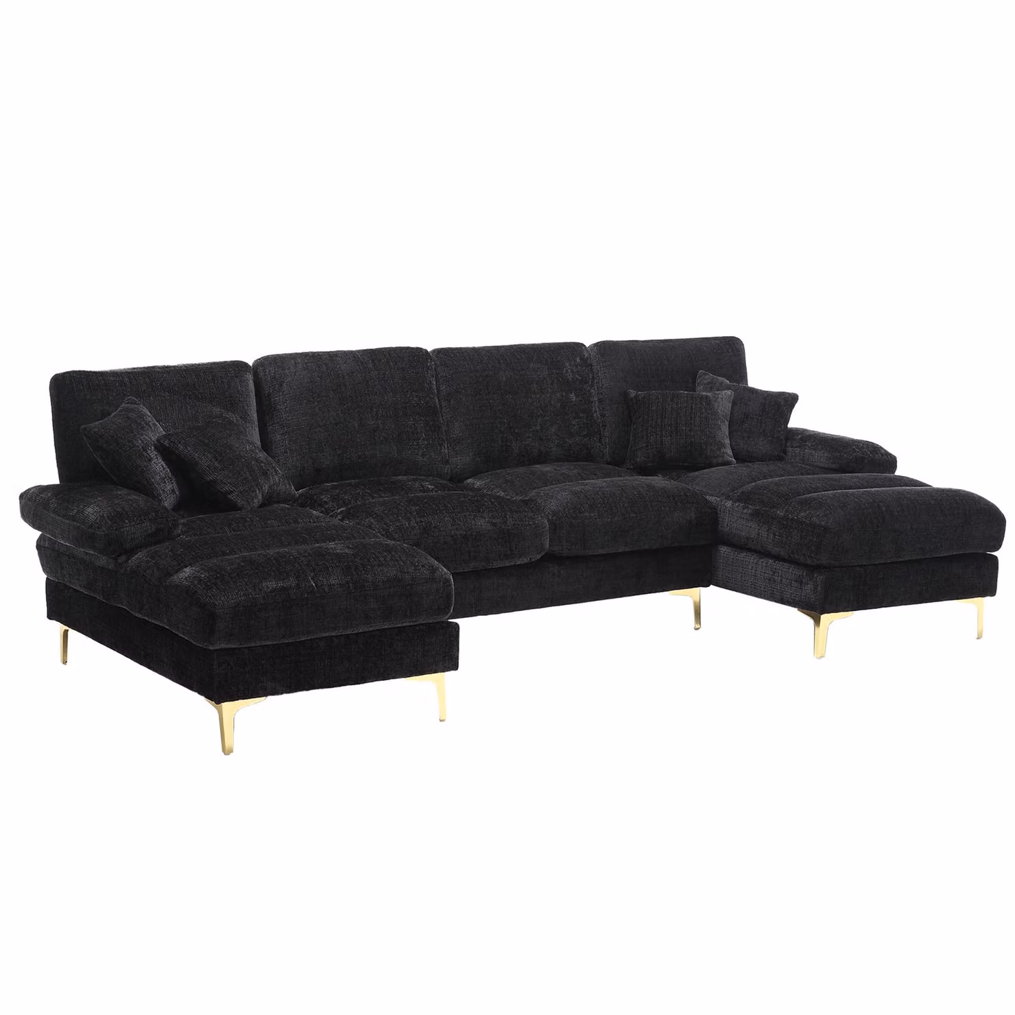 Divano componibile moderno a forma di U Gomyway in tessuto nero con sedili reclinabili manuali e struttura in legno e metallo L: 272 cm, P: 136 cm, H: 88 cm – 2