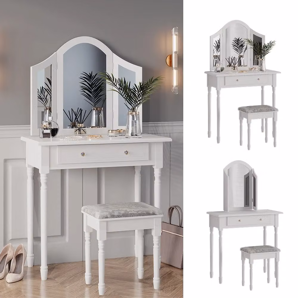 Tavolo da toeletta Kate Vicco Bianco con sgabello L: 80 cm, P: 40 cm, H: 76,7 cm – 2