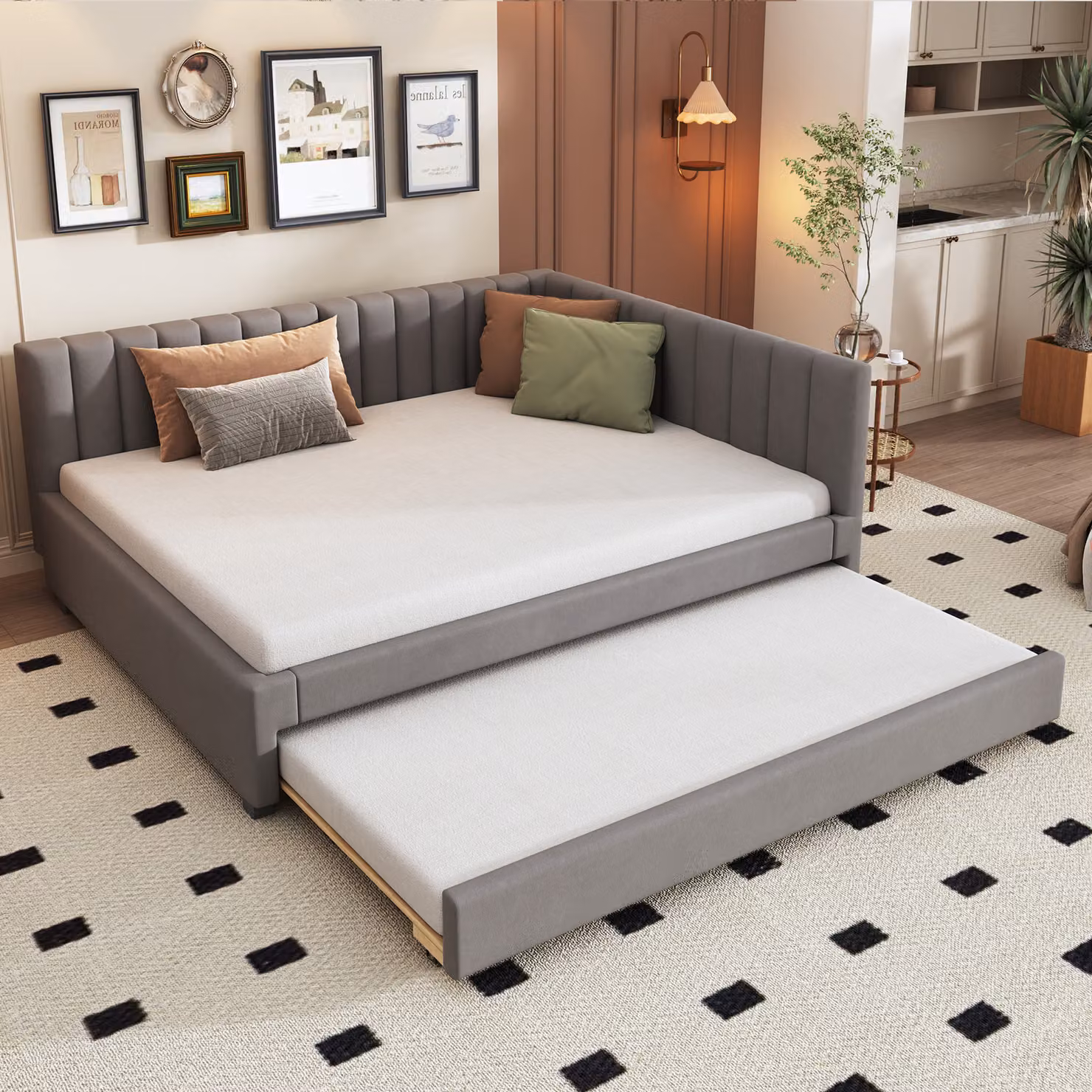 STILVORA Divano letto 140x200 con letto estraibile, letto per ragazzi in velluto con rete a doghe, schienale a righe verticali, senza materasso, beige
