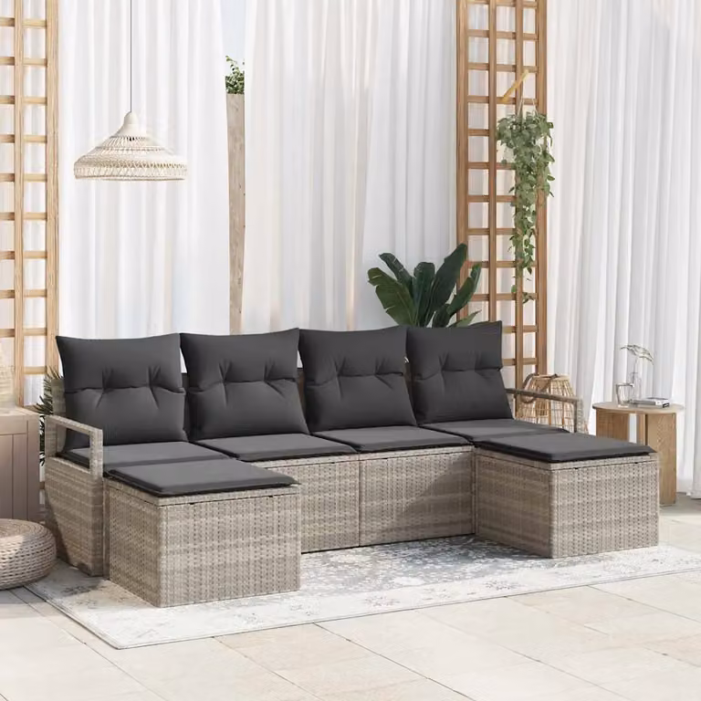 Set di divani da giardino vidaXL 6 pezzi a forma di L, colore grigio, con cuscini inclusi e struttura in metallo resistente ai raggi UV