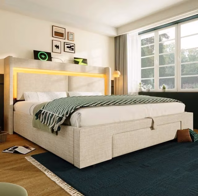 Letto imbottito 160x200 cm con vano contenitore idraulico; LED; USB e USB-C; lino beige