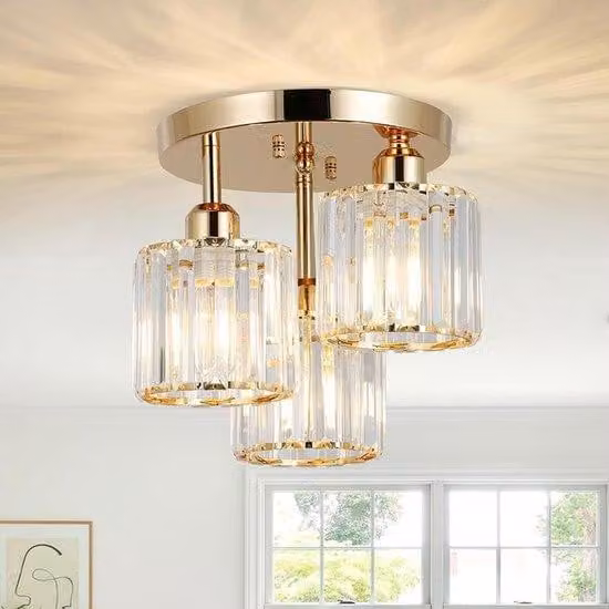 Lampada da soffitto in cristallo dorato, con paralume trasparente, ideale per l'ingresso e la camera da letto.