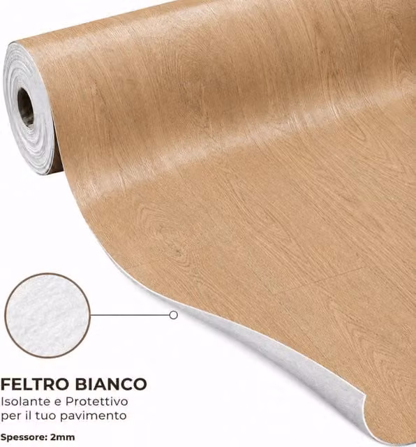Pavimento Vinilico a Rotolo SOLEILUX Effetto Legno Frassino Dorato e Beige con Feltro Fonoassorbente, Spessore: 2 mm, Dimensioni: 1 x 15 m