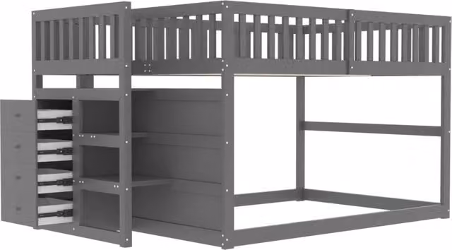 Letto a Castello Basso in Legno 140x200 cm con Scala Sicura, Cassetti Portaoggetti e Sponde Alte Grigio