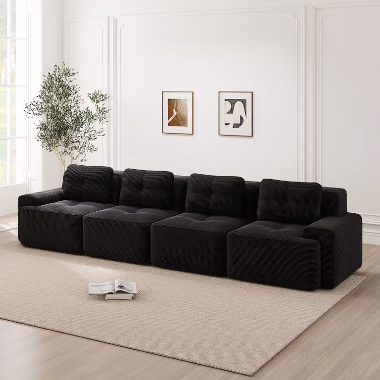 Divano modulare "Boneless", 4 posti, rivestito in tessuto "Cord", seduta profonda, senza necessità di montaggio, antiscivolo (colore: nero)