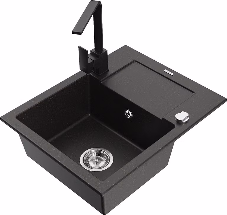 Mexen Enzo lavello in granito a 1 vasca con sgocciolatoio e rubinetto da cucina Rita, nero/oro metallizzato - 6506-75-670300-70