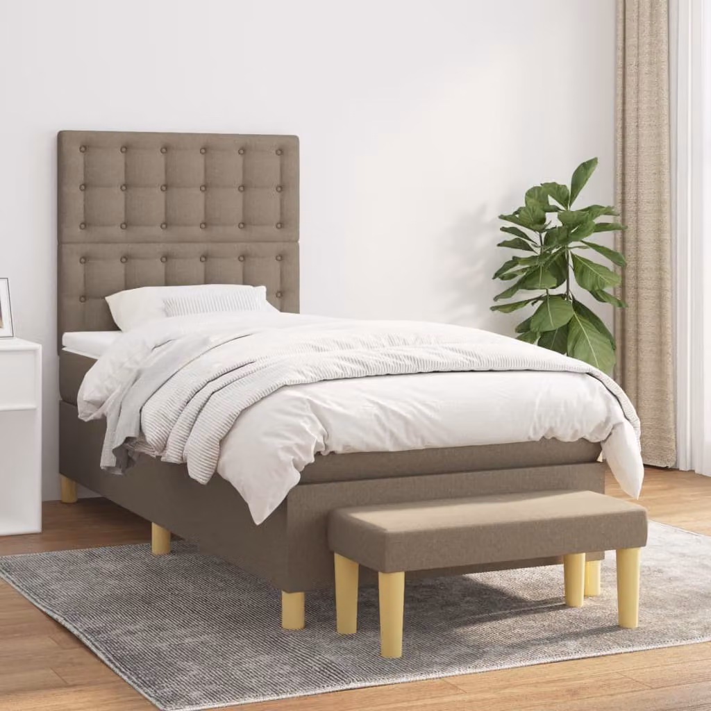 vidaXL Giroletto a Molle Ibrido con Materasso in Tessuto Beige e Bianco L/P/H: 190 x 90 x 128 cm – 1