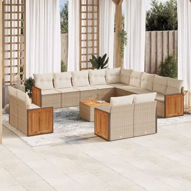 Set di Divani da Giardino a Forma di U vidaXL con Cuscini Beige e Tavolino, Design Moderno in Polyrattan e Legno di Acacia