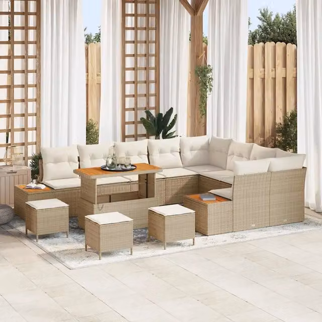 Set Divano da Giardino vidaXL a Forma a U con 13 Pezzi, Colore Beige, con Cuscini e Tavolino da Esterno