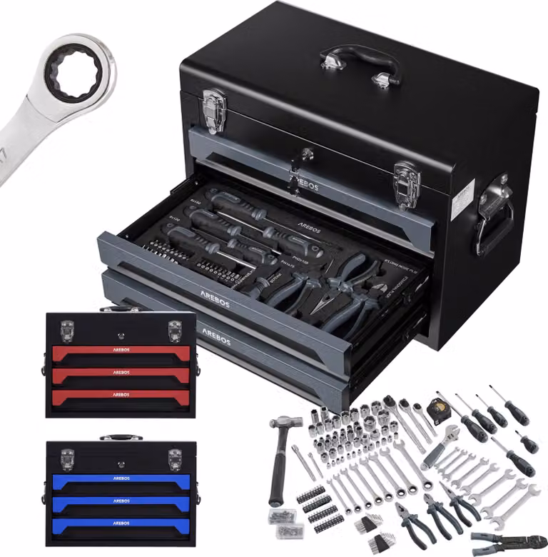 Valigetta portautensili AREBOS 172 pezzi | set di chiavi a bussola | 3 cassetti antracite / nero