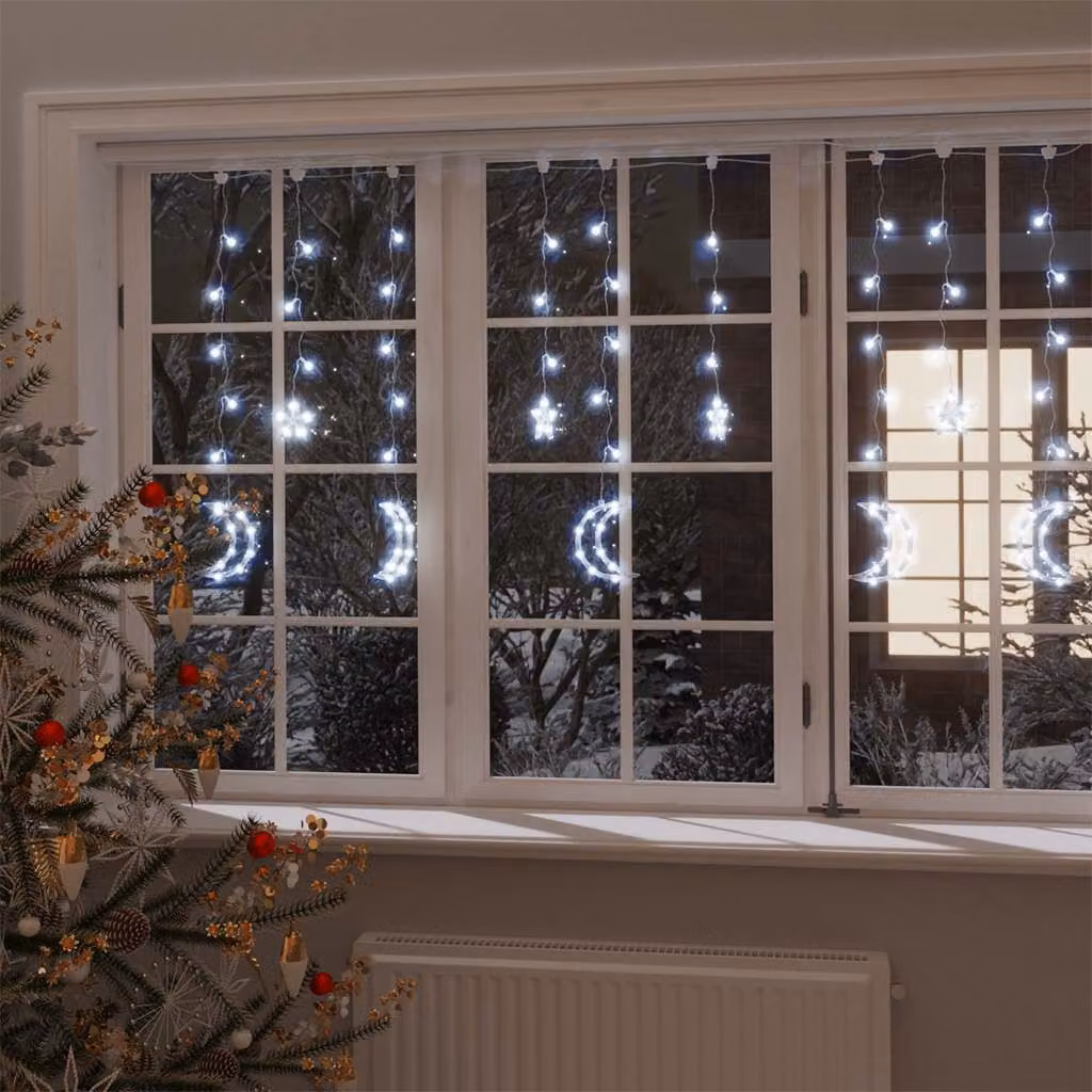 vidaXL Luci a Tenda con 138 LED a Forma di Stella e Luna, Colore Bianco Freddo, con Telecomando