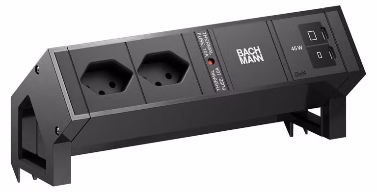 BACHMANN DESK2 2xCH 90° 1xUSB C/C 45W, L=0,2 m RAL9005