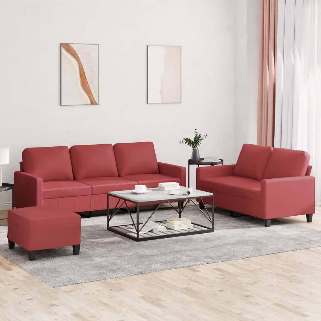 Set di divani vidaXL 3 pezzi in similpelle rossa con pouf e cuscini per soggiorno