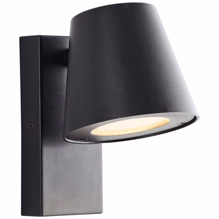 BRILLIANT: Lampada da parete esterna nera, modello Bari | Altezza 17 cm | Attacco GU10, massimo 10W | Grado di protezione IP44 | Materiali: metallo/plastica
