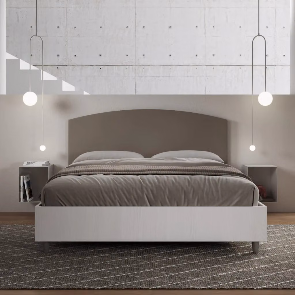 Letto Matrimoniale Giordanoshop con Contenitore a Alzata, Struttura Bianco Frassico e Testata in Similpelle Beige, L: 167 cm, P: 198 cm, H: 115 cm – 2