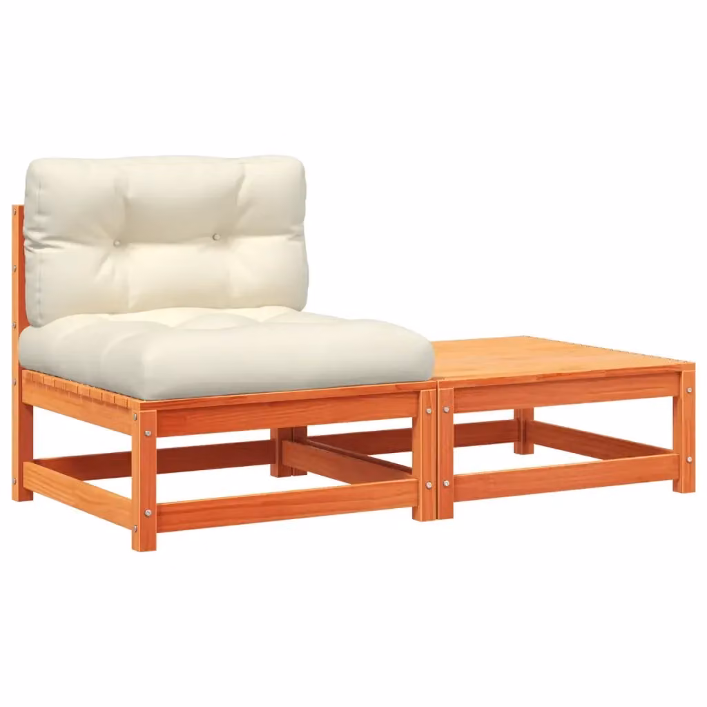 Divano da giardino vidaXL in legno di pino trattato con cuscini beige e pouf coordinato marrone L: 140 cm, P: 70 cm, H: 67 cm – 2