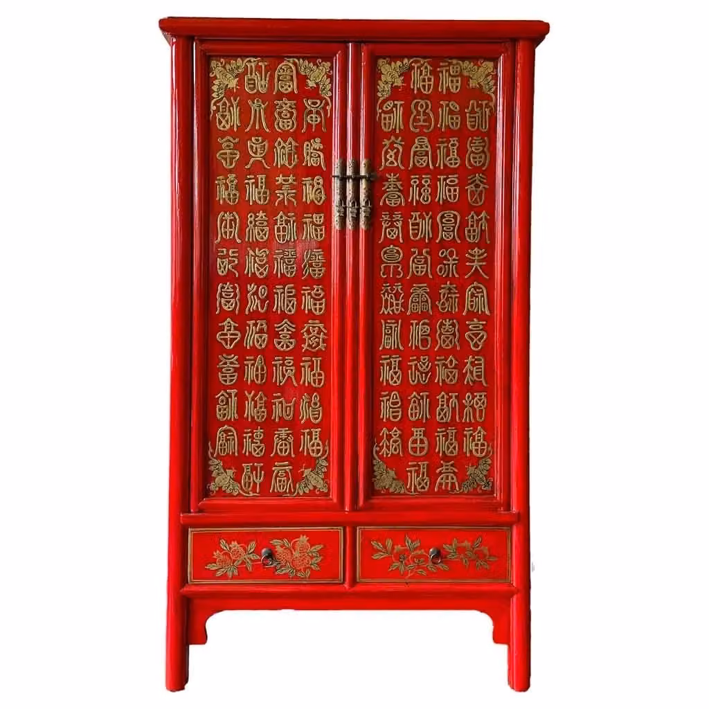 Armadio WANDERLUST DECO in legno laccato con decorazioni floreali orientali, 2 ante e cassetti integrati, rosso e oro, L: 100 cm, P: 57 cm, H: 183 cm – 2