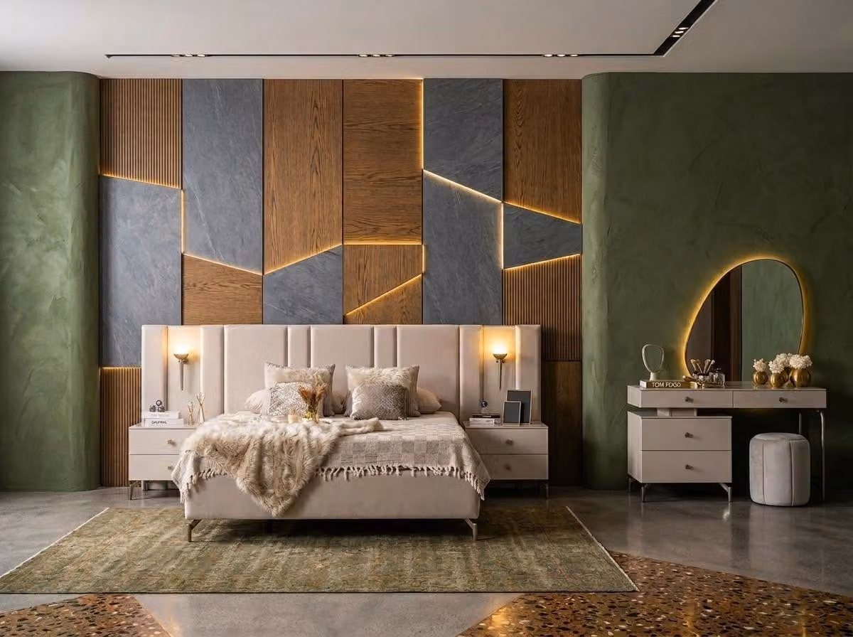 Due comodini, un tavolino da trucco con specchio e un pouf, stile moderno, colore beige, confortevoli