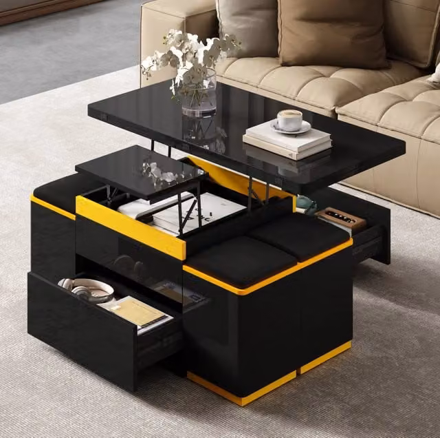 Tavolino trasformabile ULEVR 100x50x43 cm con piano elevabile e apribile, cassetti, vani aperti e 4 sgabelli, nero e giallo